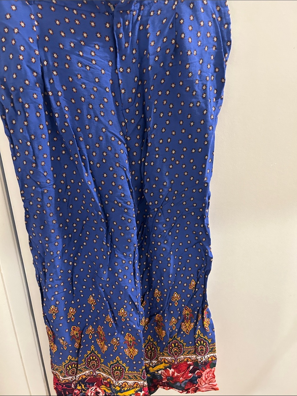 Anthropologie Royal Blue Printed Wide-Leg Jumpsuit with Multicolor Hem